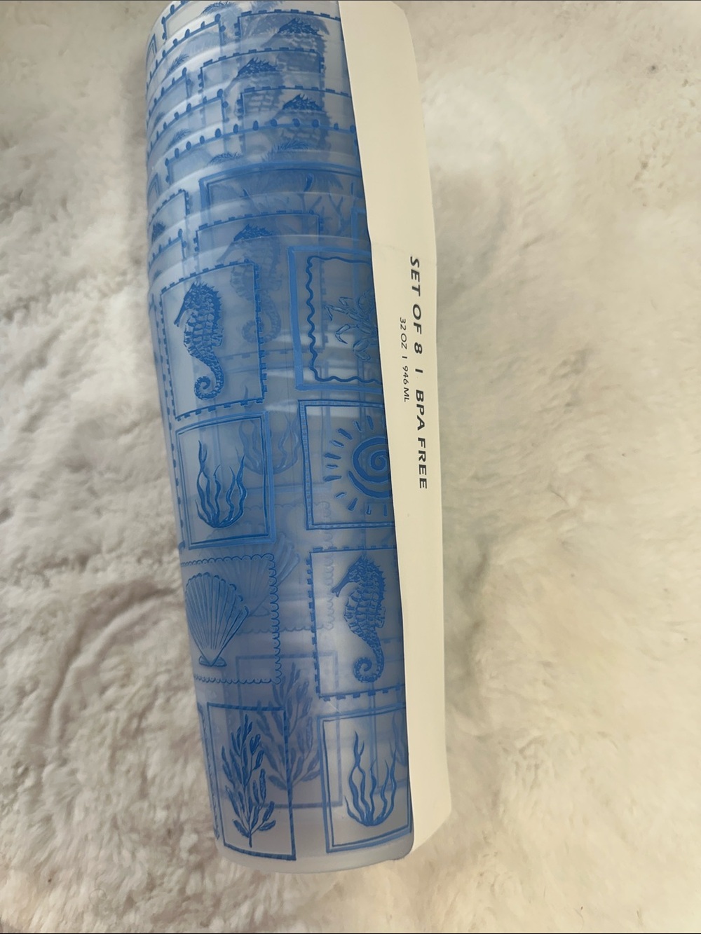 Set of 8  coastal-themed blue stamp pattern plastic tumblers